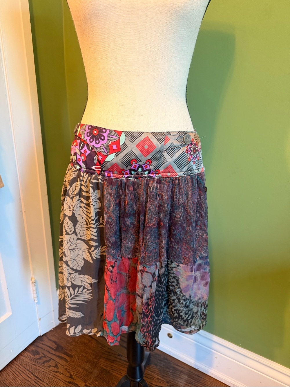 Vintage DEPT Boho Patchwork Multicolor Tiered Mini/Midi Skirt